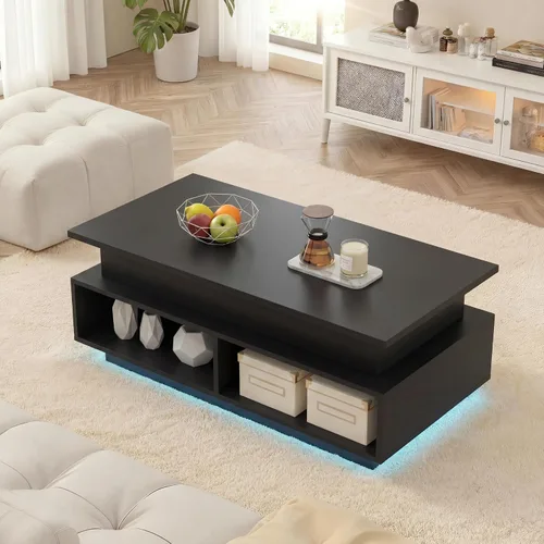 Miniatura 10 de YESHOMY Mesa de Centro Elevable de 40" con Almacenamiento Oculto y Luces LED Multicolor, Mesa Cuadrada Moderna de Madera con 4 Estantes Abiertos