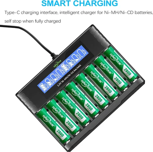 Miniatura 3 de Batería AA Ni-MH de 2800 mAh con cargador 8 pilas AA Ni-MH de 2800 mAh con 8 ranuras para cargador de batería, recarga hasta 1200 ciclos