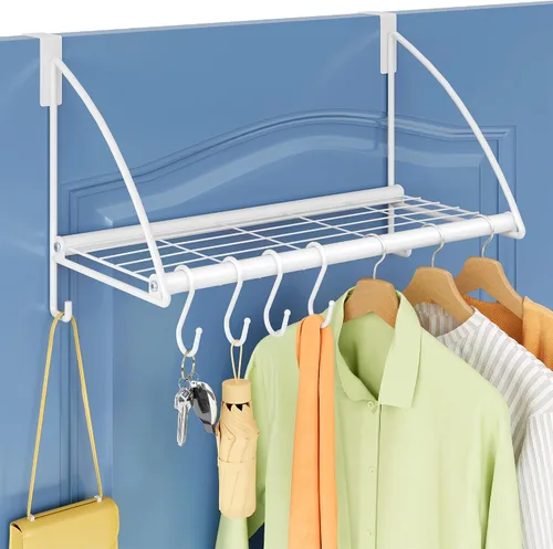 Miniatura 11 de Tajsoon Percha para colgar sobre la puerta con estante de almacenamiento y 6 ganchos, perchero para colgar abrigos, perchero de puerta para baño