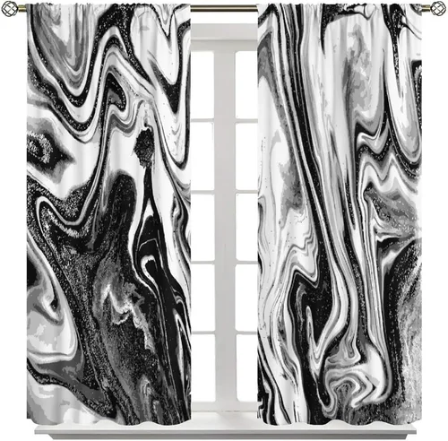 Marble Blackout Curtain,Black and White Abstract Aesthetic Print Watercolor Window Curtains for Bedroom Cafe Dining Room Office Living Room Kitchen