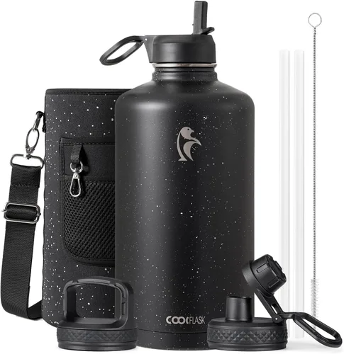 Miniatura 95 de Coolflask Botella de agua de 20 onzas aislada con pajilla, 3 tapas de metal de acero inoxidable, botella de agua de boca ancha para deportes u