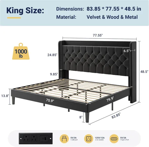 Miniatura 2 de Allewie - Base de cama tamaño King, cabecero con almacenamiento y estación de carga, tapizado en terciopelo, botones cosidos en forma de diamante