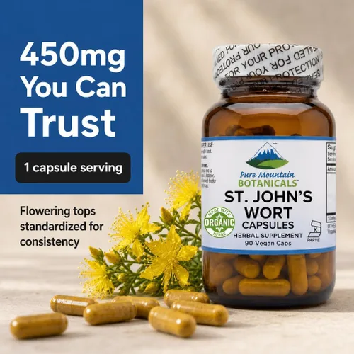 Miniatura 3 de Pure Mountain Botanicals Cápsulas de hierba de San Juan - 450 mg de hierba orgánica y extracto - estandarizado al 3% de hipericina - 90 cápsulas