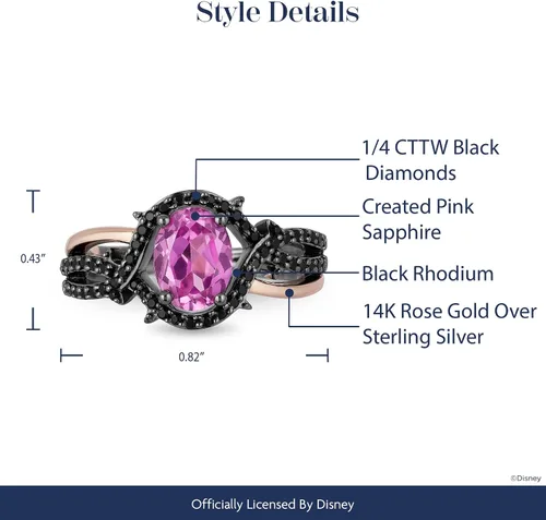 Miniatura 7 de Jewelili Enchanted Disney Fine Jewelry - Anillo de oro rosa de 14 quilates sobre plata esterlina con rodio negro ovalado zafiro rosa creado y 14