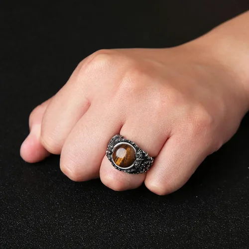 Miniatura 3 de HZMAN Anillo de boda retro de acero inoxidable gótico con piedra de ojo de tigre, turquesa, talla 7-14