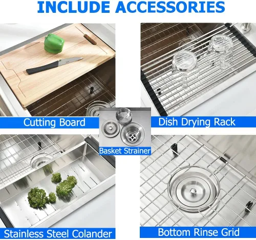 Miniatura 8 de Fregadero de cocina con estación de trabajo de 33 pulgadas, fregadero de cocina de acero inoxidable calibre 16, fregadero de cocina hecho a mano
