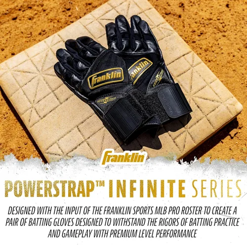 Miniatura 7 de Franklin Sports MLB - Guantes de bateo Infinite Powerstrap para béisbol + sóftbol de puño largo, para adultos y jóvenes Negro/Dorado