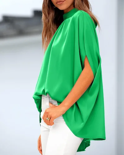 Miniatura 49 de BTFBM Blusas de verano para mujer, cuello alto falso, manga murciélago, holgadas, dobladillo alto y bajo, blusas informales de gran