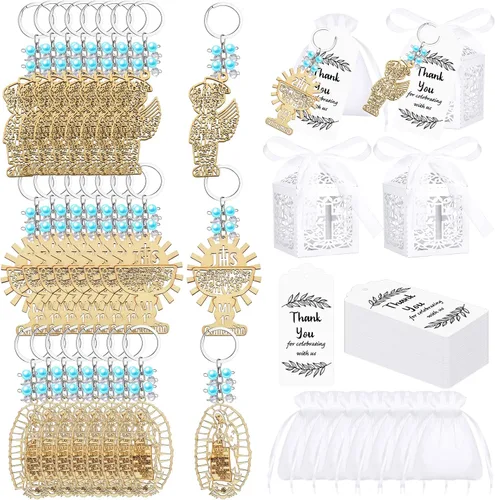 Ecally 120 unidades, 30 juegos de llaveros de fiesta de bautismo, bolsas de organza, cajas de etiquetas, recuerdos de bautizo para cruz de madera,