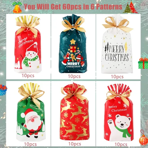 Miniatura 3 de Heniho 60 bolsas de golosinas de Navidad, 4 x 6 pulgadas con cordón, bolsas de galletas para dulces, regalos de fiesta