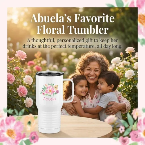 Miniatura 2 de Just So Posh Abuela Flowers Tumbler, Vaso de Café de Viaje con Asa y Tapa Deslizante, Blanco 20 oz Polar Camel, Acero Inoxidable, Aislado al Vacío