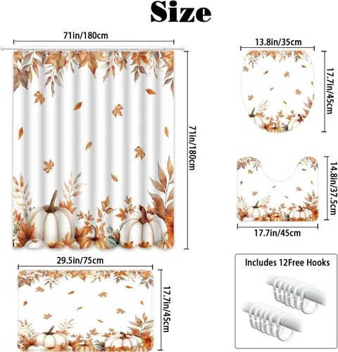 Miniatura 4 de MEHOFOND Juego de 4 cortinas de ducha de otoño con hojas de arce y calabaza, hojas de otoño, cosecha, Acción de Gracias, acuarela, decoración