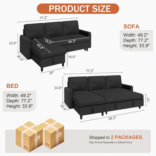Miniatura 2 de Vongrasig Sofá cama con almacenamiento para espacios pequeños, sofá convertible pequeño extraíble con diván de almacenamiento, sofá cama modular