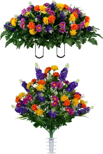 Miniatura 12 de Sympathy Silks Flores artificiales para cementerios – Decoraciones para tumbas - 1 ramo de flores silvestres de violeta púrpura y naranja, 1 montura