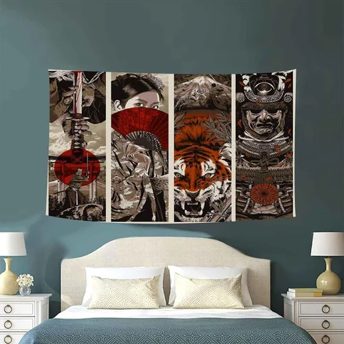 Miniatura 3 de Aidatain Tapiz de pared Samurai Maiko de estilo japonés para dormitorio, diseño de tigre y monte Fuji, manta de playa de franela de 40 x 30 pulgadas