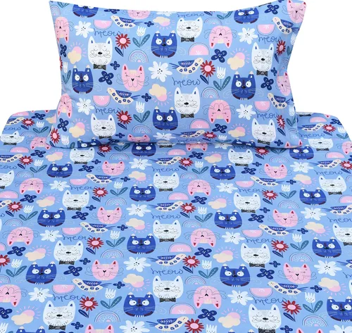 Miniatura 2 de J-pinno Juego de sábanas de 3 piezas para niños con pintura de gato, gatito, flores, pájaros azules adorables, 100% algodón, tamaño individual