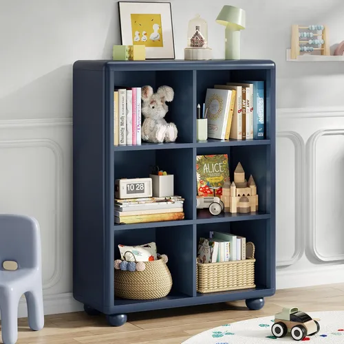 Estantería para niños, estantería grande de madera con almacenamiento de 6 cubos, organizador de almacenamiento de juguetes para niñas con pintura