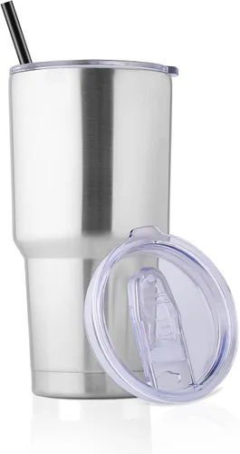 Miniatura 18 de DOMICARE Vaso de 30 oz con tapa y pajita, vasos de acero inoxidable a granel, aislado al vacío de doble pared para café, vaso duradero