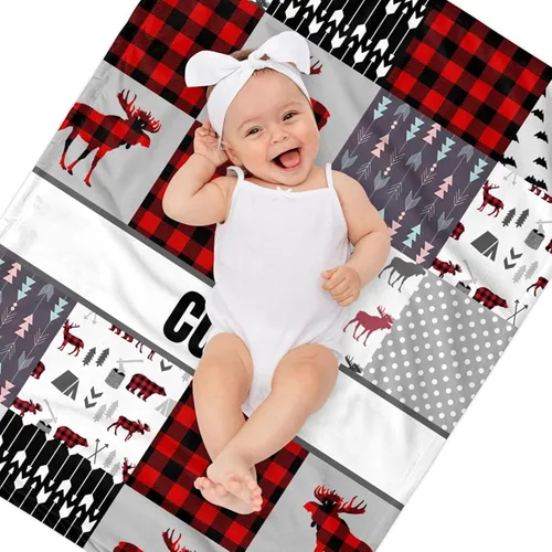 Miniatura 3 de Juego de cama personalizado para cuna para bebé, juego personalizado para niño con nombre, ropa de cama de guardería a cuadros rojos de ciervo
