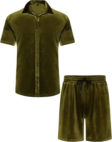 Miniatura 39 de LecGee Conjunto de pantalones cortos casuales de verano para hombre, camisa de terciopelo de manga corta con botones, pantalones cortos de cintura
