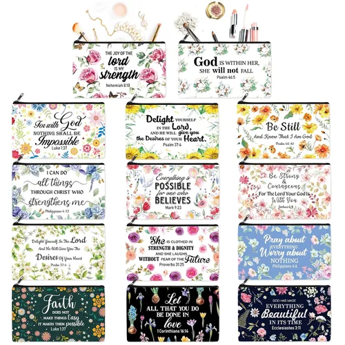 Miniatura 7 de Talltalk Paquete de 14 bolsas de maquillaje cristianas bohemias a granel, bolsas de cosméticos inspiradoras con versículos de la Biblia, regalos
