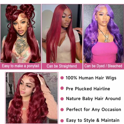 Miniatura 3 de Smabuity Pelucas de cabello humano con encaje frontal color borgoña 99J, peluca de cabello humano rojo burdeos, pelucas de encaje frontal HD de 13 x