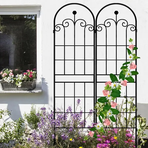 Miniatura 5 de LZRS - Paquete de 2 arcos de hierro rústico de 71x20 pulgadas para decoración de jardín con enrejado con revestimiento de metal negro – Perfecto