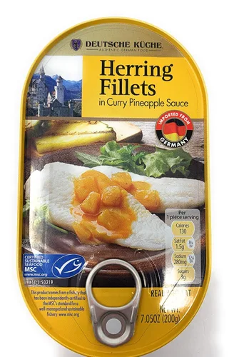 Miniatura 4 de Deutsche Kuche Filetes de arenque enlatados, salsa de piña al curry y pimienta de mango, 7.05 onzas cada uno, paquete de 2