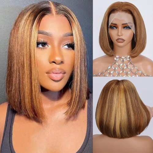Miniatura 24 de UTIDE Peluca Bob Rubia 613 de Cabello Humano Pelucas Cortas de Cabello Humano 8 Pulgadas Peluca Frontal de Encaje 613 Cabello Humano Pre Arrancado