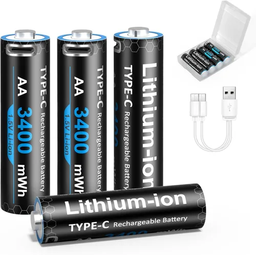 Miniatura 8 de Baterías de litio AAA recargables USB de 1100 mWh (paquete de 4, 1.5 V), baterías triple A con cable tipo C, 1200 ciclos, batería AAA de larga