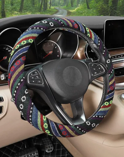 Miniatura 14 de SEG Direct Funda bohemia para volante con tela de manta Baja, cubierta para volante de estilo étnico hecha de lino grueso, se adapta a volantes