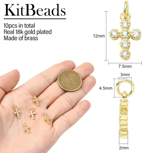 Miniatura 2 de KitBeads 10 dijes de cruz de circonita cúbica chapados en oro de 18 quilates con cruz religiosa para hacer joyas, pulseras, collares, aretes a granel
