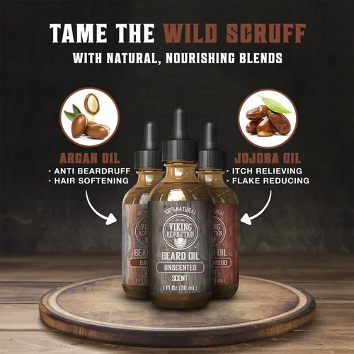 Miniatura 3 de Viking Revolution Aceite para barba para hombres, paquete de 3 – Aceite natural para barba para hombre, juego variado Set 2 – aromas de sándalo, sin