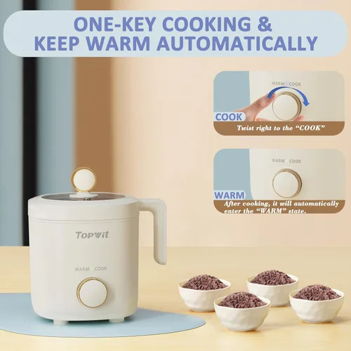 Miniatura 4 de TOPWIT Arrocera pequeña, mini olla arrocera para 2 tazas sin cocinar, arrocera portátil de 1.2 litros con revestimiento antiadherente, sin BPA, Beige