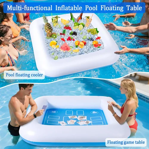 Miniatura 3 de Mesa de juego inflable para piscina con cartas impermeables (35.5 x 35.5 pulgadas, azul/blanco)