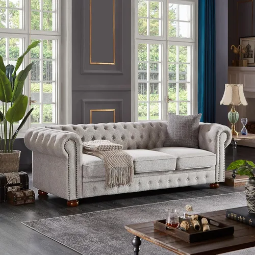 Miniatura 12 de Chesterfield - Sofá de cuero, sofá moderno de mediados de siglo de 89 pulgadas con respaldo bajo, brazo enrollable, ribete de cabeza de clavo, sofá