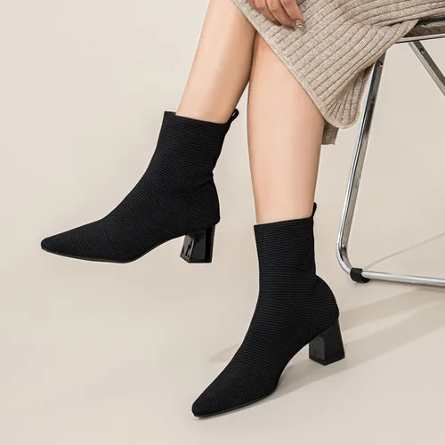 Miniatura 7 de Women's Ankle Boots Comfortable Pointed Toe Breathable Sock Knit Low Heel Fall Work Office Booties