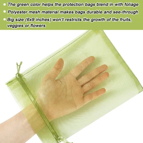 Miniatura 4 de 100 piezas de bolsas de protección de frutas 15x23 cm, bolsas de cobertura de malla verde con cordón, protectores de frutas de malla, barrera contra