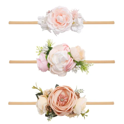 Miniatura 22 de cherrboll 3 diademas de flores para bebé, súper suaves y elásticas, de nailon, para recién nacidas Rosa (Rose Bloom)