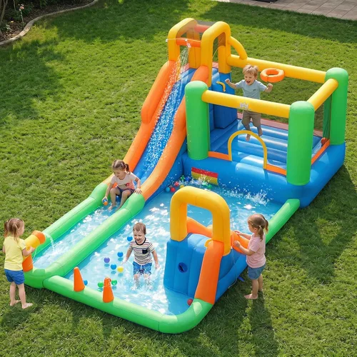 Miniatura 11 de BOUNTECH Tobogán acuático inflable, 7 en 1 doble tobogán para niños, parque acuático para niños, toboganes de agua inflables para exteriores