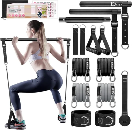 Kit de barra de pilates Bbtops con bandas de resistencia, barra de pilates con bandas apilables, equipo de entrenamiento para piernas, cadera, Negro
