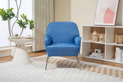 Miniatura 5 de Cómoda silla decorativa de terciopelo con patas de metal glamorosas para comedor, dormitorio, sala de estar, belleza (azul vaquero)
