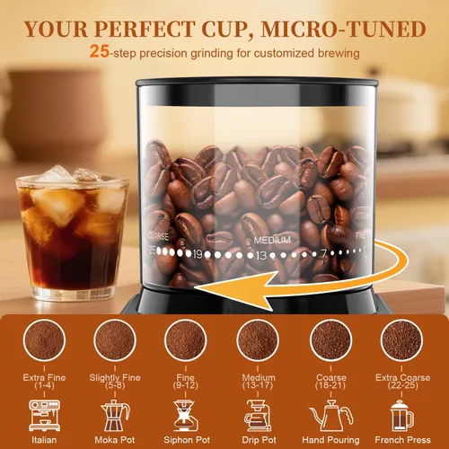 Miniatura 2 de Wancle Molinillo de café eléctrico con pantalla táctil, temporizador de precisión, 25 ajustes de molienda, antiestático, acero inoxidable, fácil
