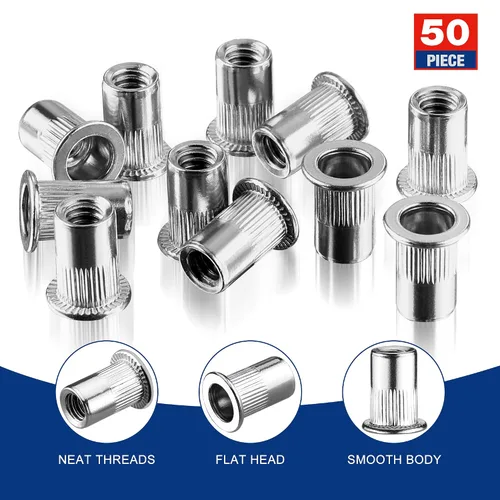Miniatura 4 de WORKPRO 50 tuercas de remache, tuerca remachable de acero inoxidable de 1/4"-20, cabeza plana roscada con cuerpo moleteado