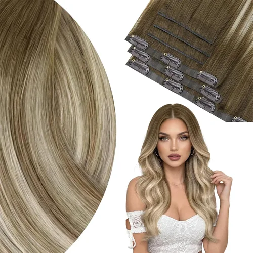 Miniatura 49 de Ve Sunny Extensiones de cabello clip-in de cabello humano real con reflejos, extensiones de cabello con clip para cabello corto, marrón oscuro