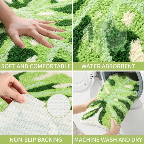 Miniatura 4 de Litabel Juego de Alfombras de Baño de Hoja Verde de 2 Piezas, Lindas Alfombrillas de Baño Antideslizantes en Forma de Monstera de Felpa, Juego