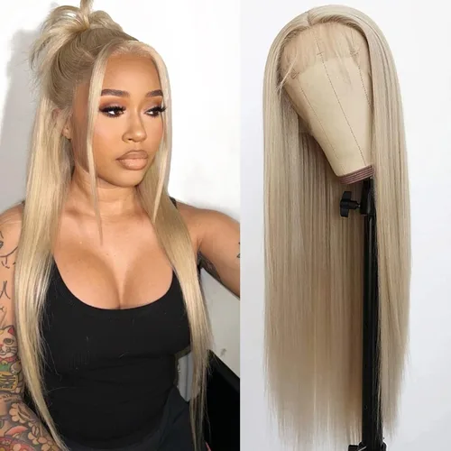Miniatura 18 de Lovestory Peluca de encaje frontal larga y recta color blanco platino, predepilada, rubio platino, pelucas de encaje frontal sintético para mujeres
