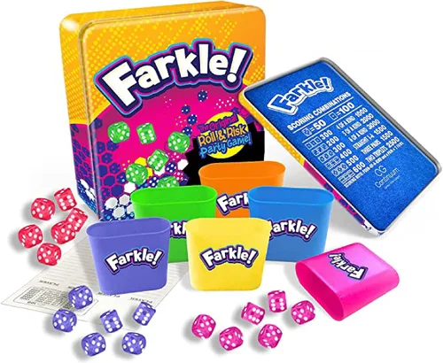 El juego de dados Farkle Deluxe incluye 36 dados coloridos, 6 cubiletes, bandeja de lanzamiento y hojas de puntuación. El clásico juego de dados de