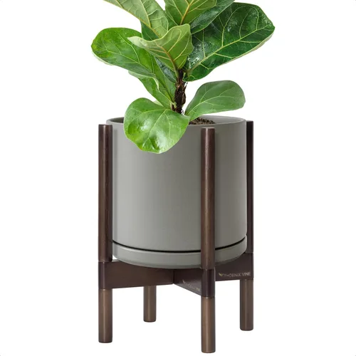Miniatura 86 de D'vine Dev Maceta de cerámica con soporte de ébano – Maceta redonda moderna de 8 pulgadas con soporte para maceta de madera, color negro, 55-B-M-2