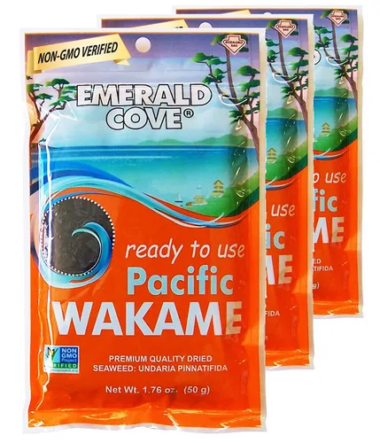 Emerald Cove Pacific Wakame, algas secas, sin OMG, naturalmente sin gluten, bolsa resellable, 1.76 onzas (paquete de 3)